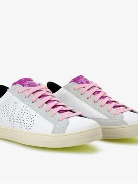 P448 White Sneakers with Pink Laces and Purple Tongue